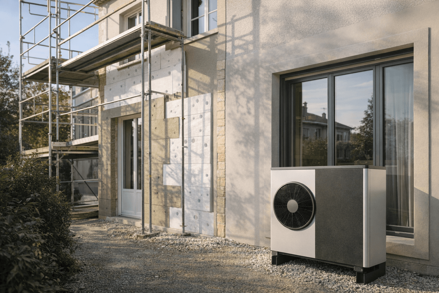 Facade de maison en renovation energetique avec equipements performants