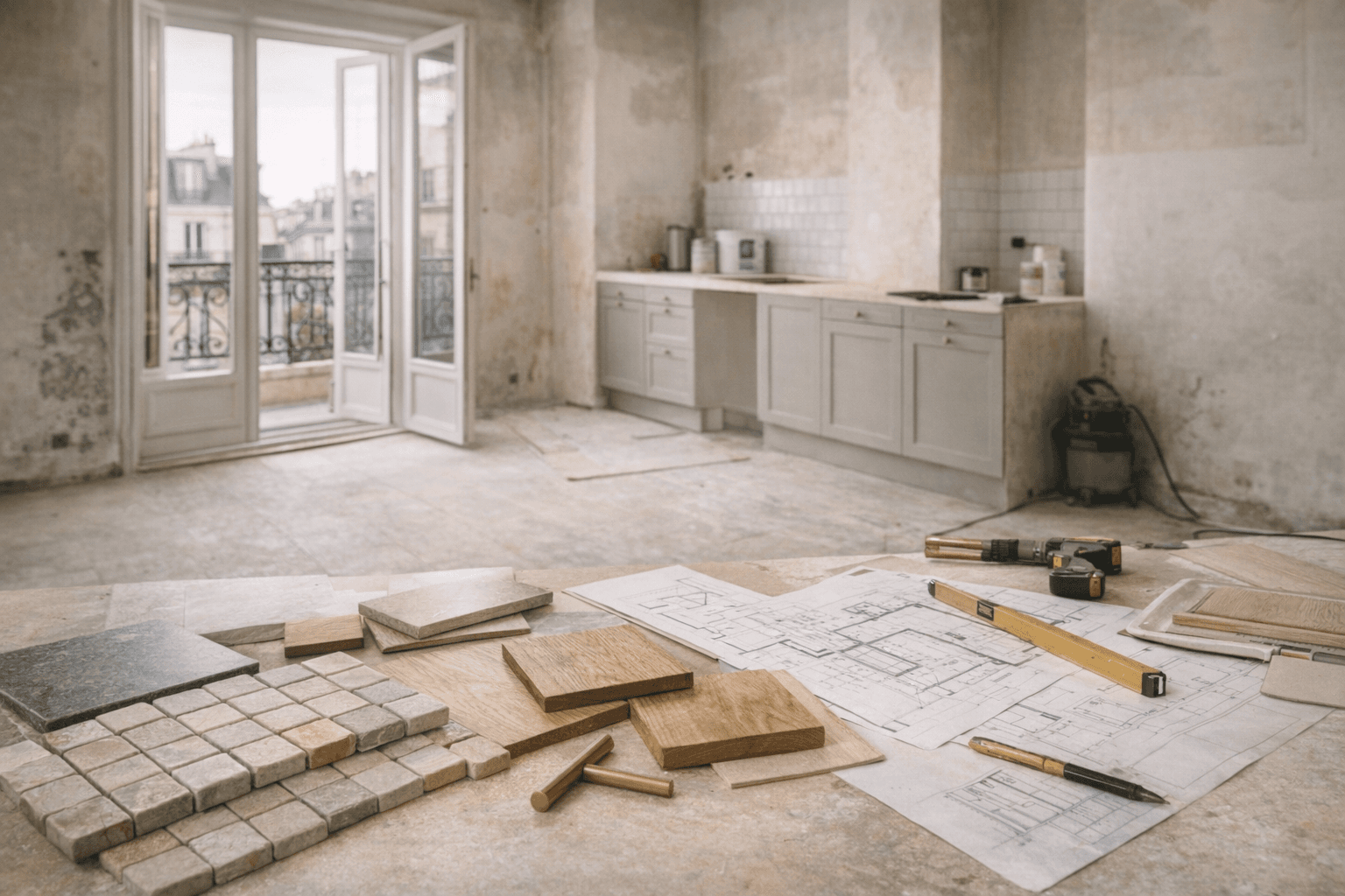 Materiaux, plans et outils de renovation dans un logement