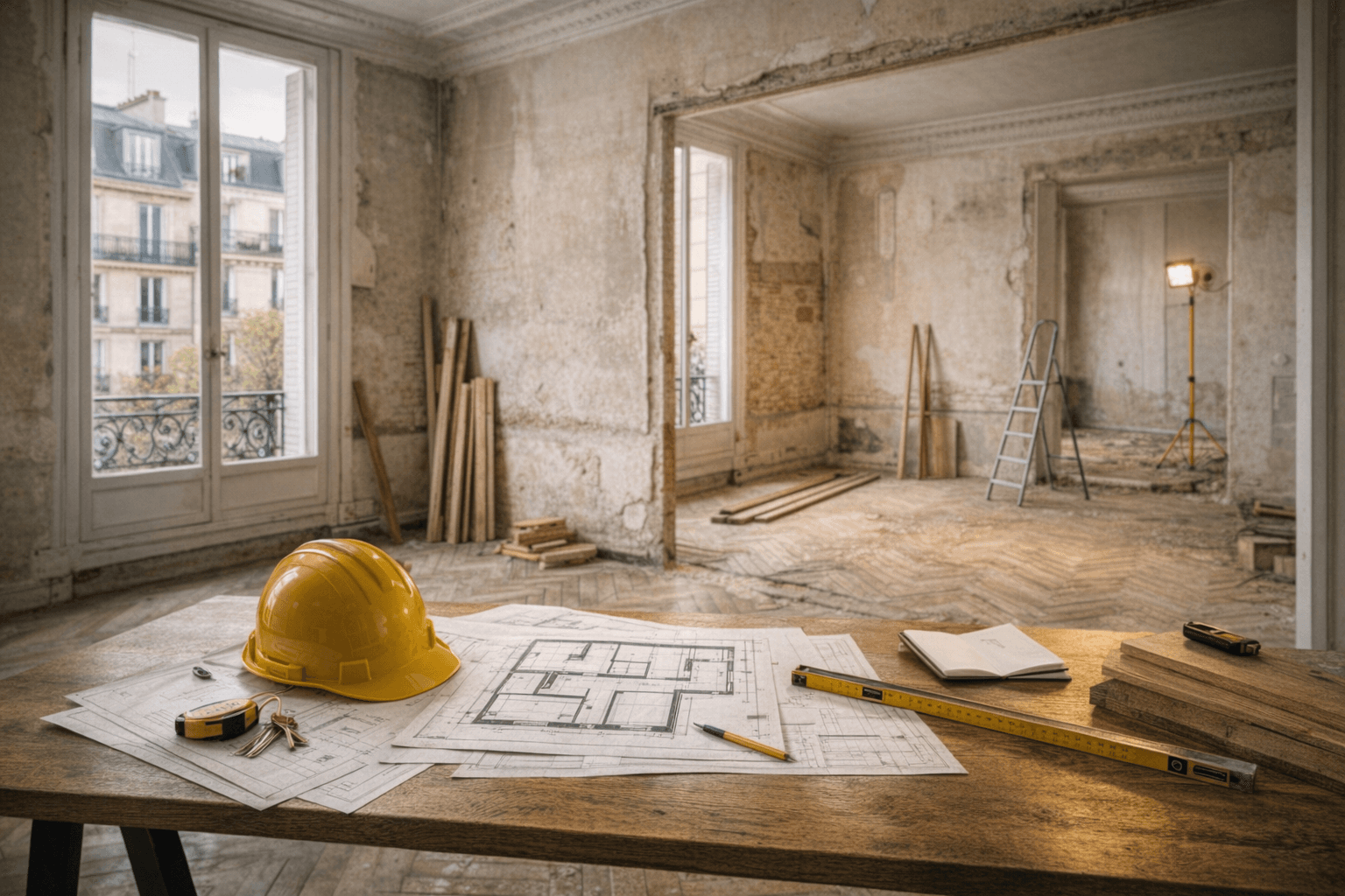Plans d'architecture consultés sur un chantier de rénovation