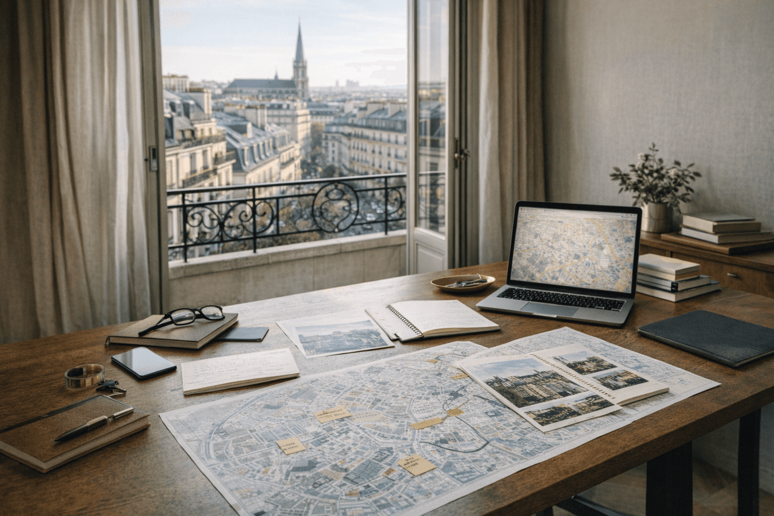 Bureau de recherche immobiliere avec cartes, fichiers et ordinateur