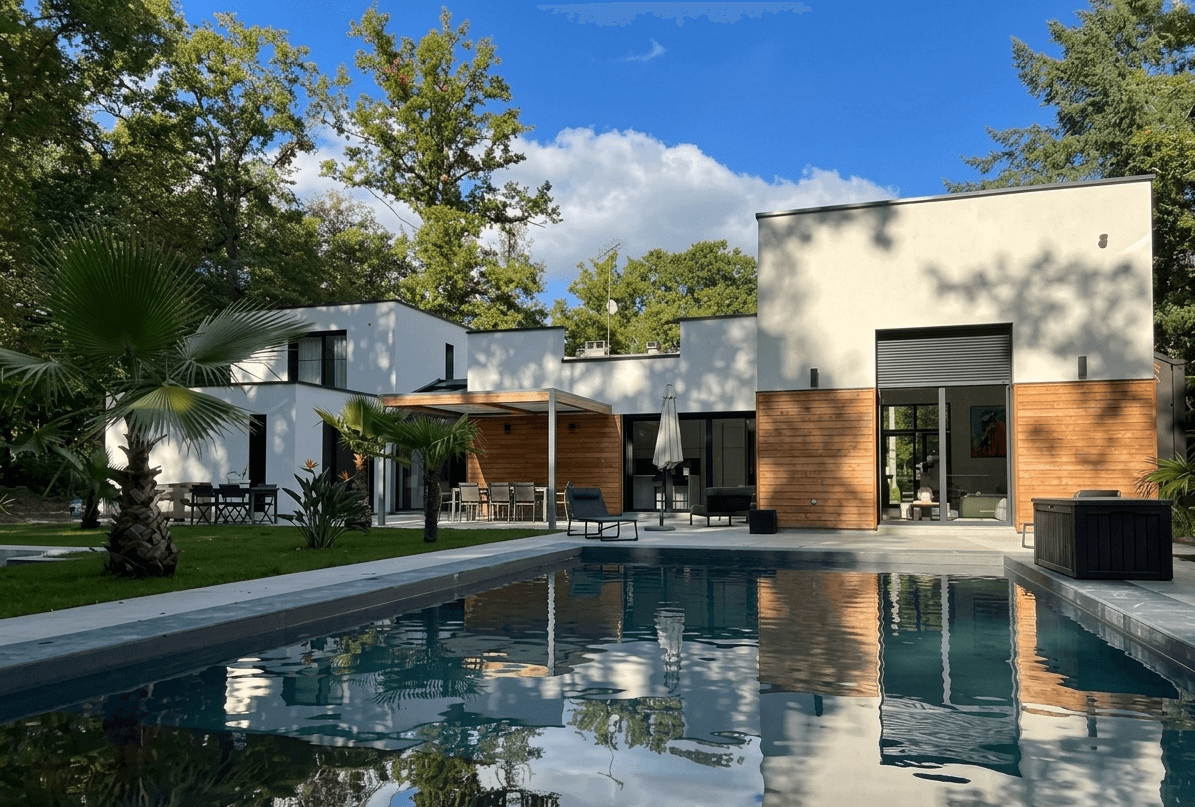 Maison contemporaine avec terrasse, piscine et jardin