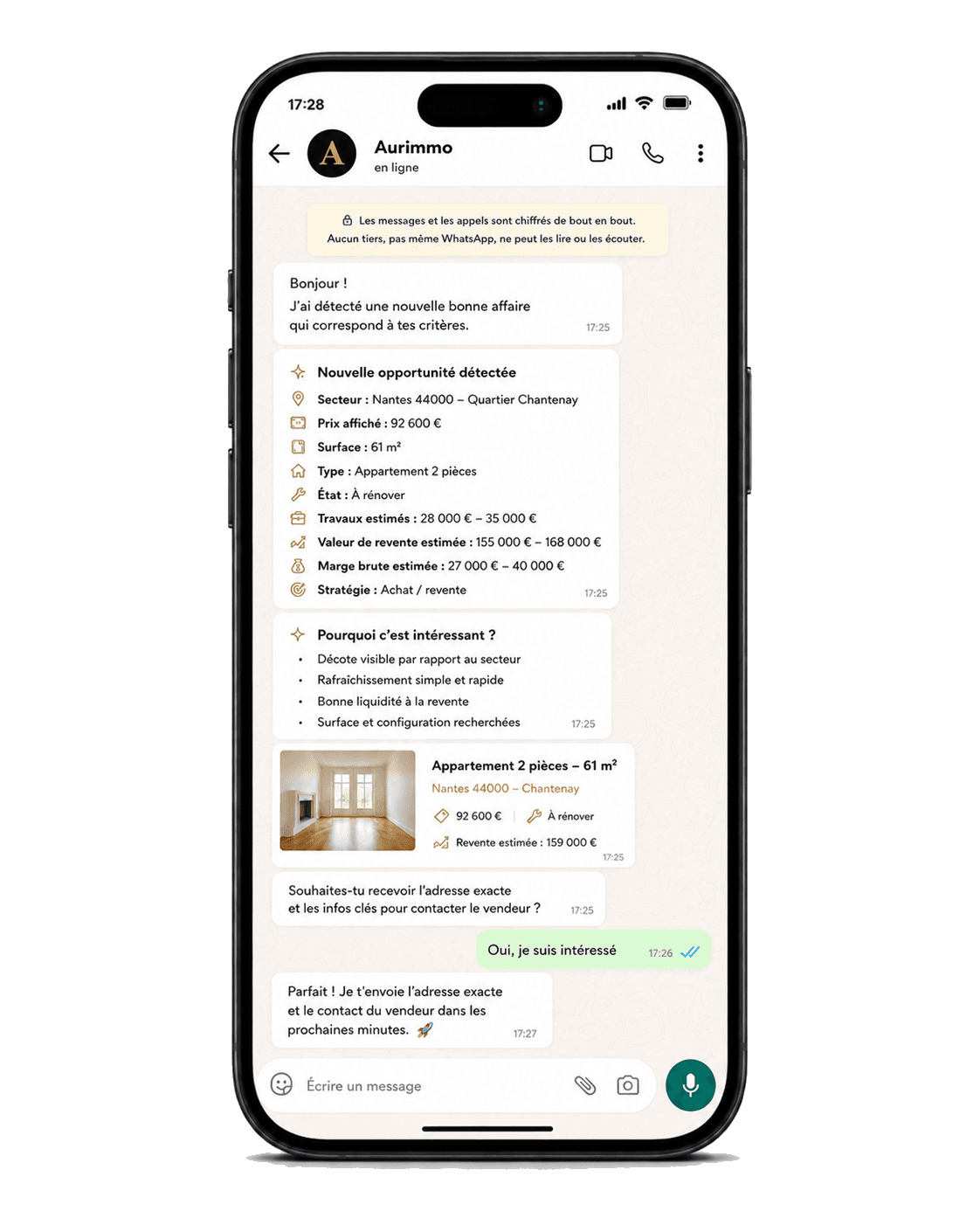 Résumé Aurimmo envoyé dans une conversation mobile.