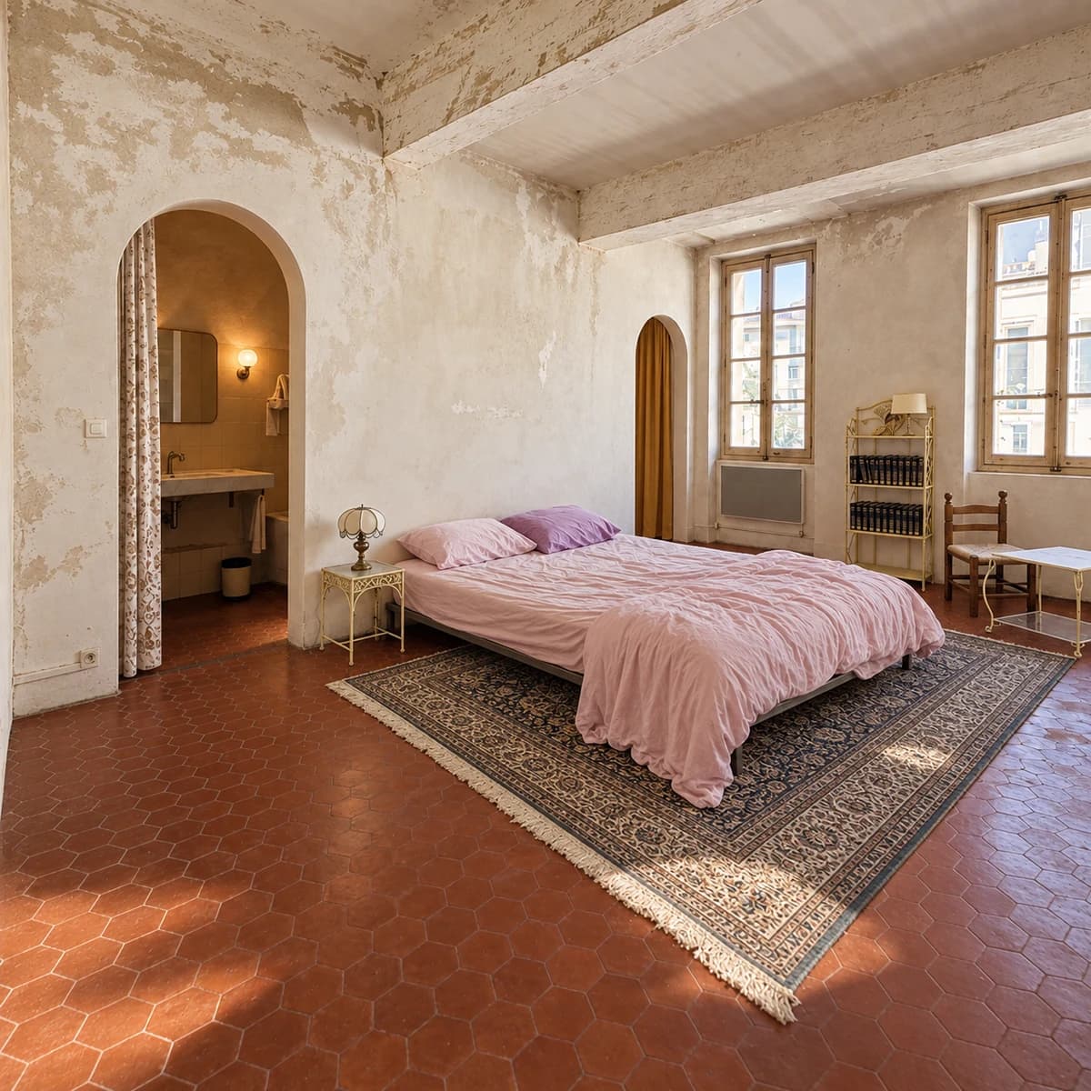 Chambre avant relooking, avec literie rose, murs anciens et sol en tomettes.