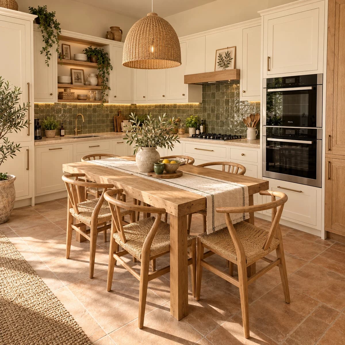 La même cuisine relookée, avec façades crème, bois naturel et touches de vert.