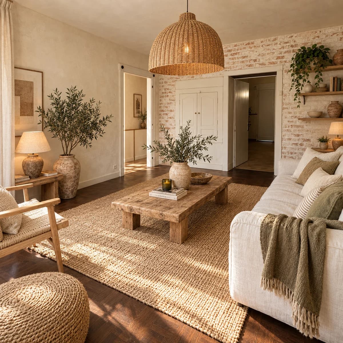 Le même salon relooké avec un canapé écru, du bois, du rotin et des touches végétales.