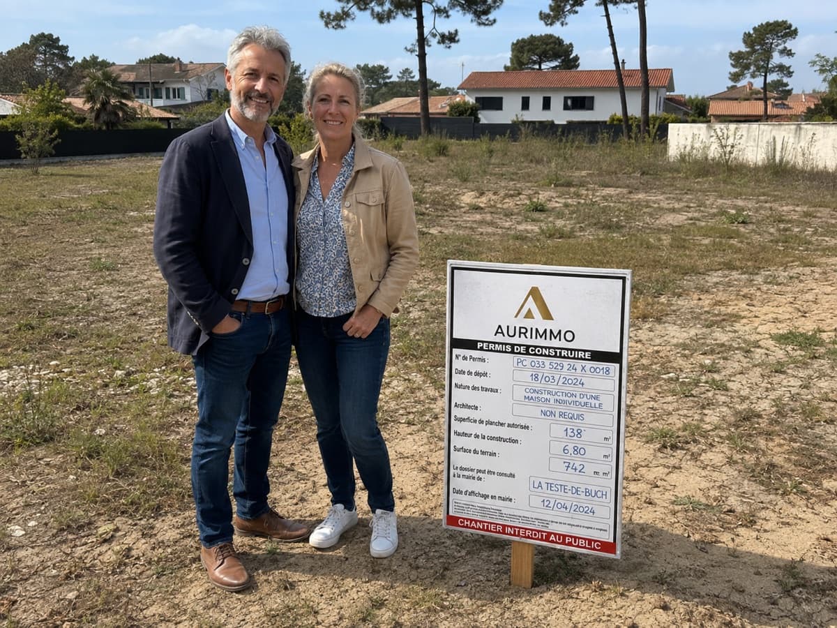Fred et Laure sur leur terrain avec leur panneau de permis de construire Aurimmo