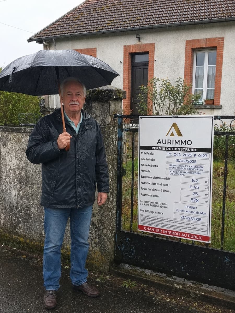 Serge devant sa maison avec son panneau de permis de construire Aurimmo