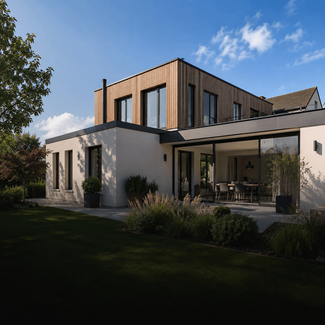 Maison et extension contemporaine illustrant un projet accompagné par Aurimmo